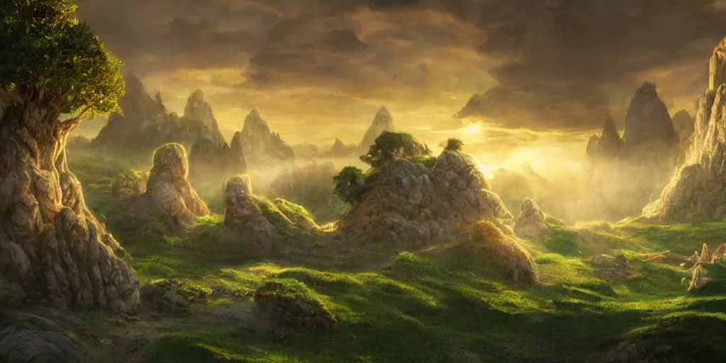 Image similar to lush and beautiful concept art for the shire, floating rocks in the air, stone city, arabian castles, sand, golden sun, planets, lord of the rings, peter jackson, studio ghibli, detailed, realistic lighting, volumetric lighting, golden hour,