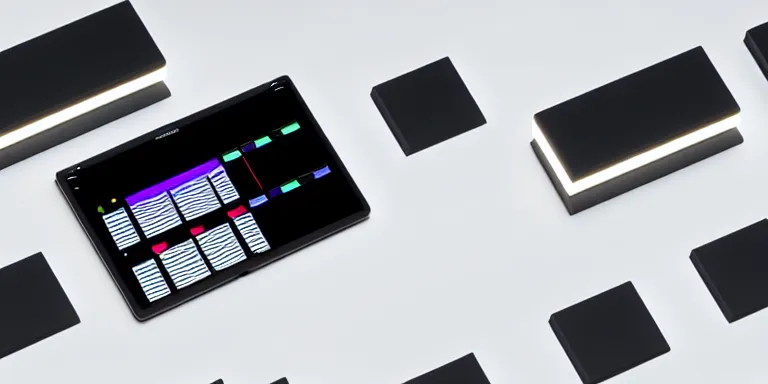 Image similar to dezeen showroom , minimalissimo, archdaily, , teenage engineering moad, mother of all decks, product design concept,product shot of moog melotron synthesizer with ipad connected designed by jony ives, dieter rams, 8k, highly detailed photo