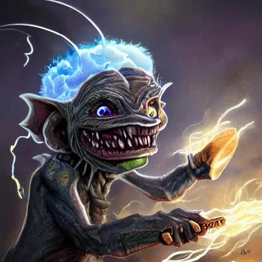 Prompt: a highly detailed goblin with grey skin and blue eyes that glow, like magic the gathering, goblin chainwalker, caught in a tornado, digital art, by christopher rush