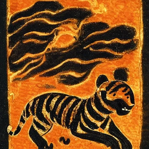 Image similar to bad drawn tiger made of smoke, lava and fire flying in the sky with many legs in a medieval manuscript, medieval manuscript, golden miniatures