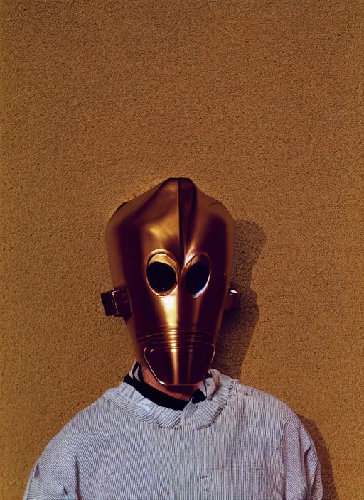 Prompt: a fashion portrait photograph of a man wearing a metal mask designed by piet mondrian, 3 5 mm, color film camera,