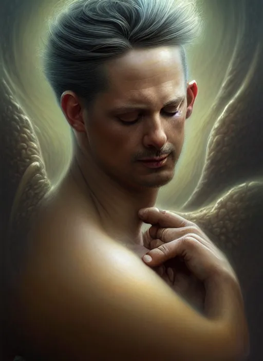 Prompt: man embracing an devill, fine art, intricate, elegant, highly detailed, realistic hair, centered, digital painting, art station, conceptual art, soft, sharp focus, illustration, artwork, artgerm, tomasz alen kopera, peter mohrbacher, donato giancola, wlop, boris vallejo