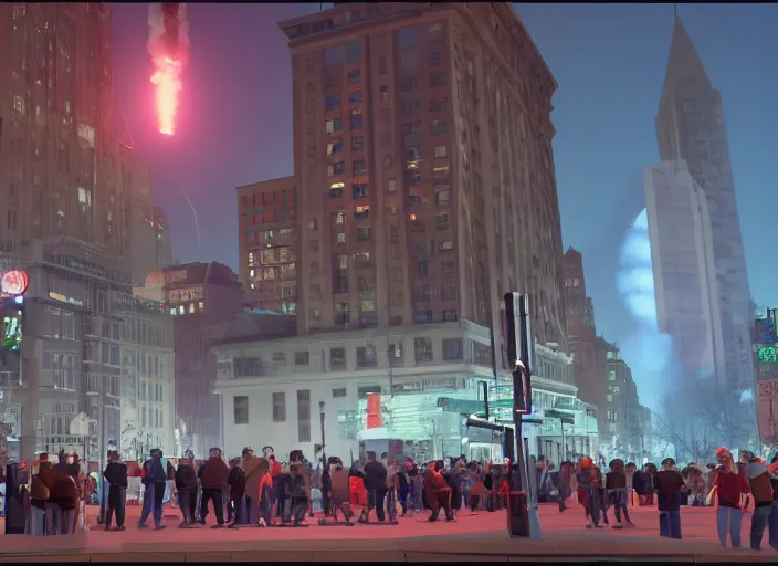 Image similar to crowd of working citizens protests while missles and bombs explode in the city, DSLR 35mm, by Edward Hopper and Dan Mumford and WLOP and Aleksandr Aleksandrovich Deyneka and Andrei Andreyevich Popov, Unreal Engine 5, Lumen, Nanite