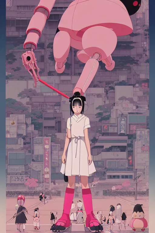Image similar to Artwork by James Jean, Phil noto and studio ghibli ; (1) a young Japanese future samurai police lady named Yoshimi battles an (1) enormous evil natured carnivorous pink robot on the streets of Tokyo; Japanese shops and neon signage; crowds of people running; Art work by Phil noto and James Jean
