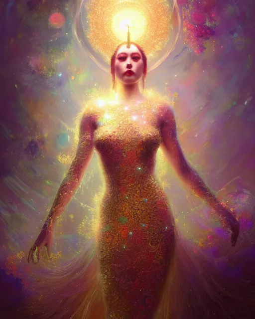 Prompt: Full View Portrait Mystical ethereal discoball deity wearing beautiful dress, disco ball Dryad beautiful dress, 4k digital masterpiece by Greg Rutkowski and Ruan Jia and rossdraws, Alberto Seveso, fantasycore, Hyperdetailed, realistic oil on linen, soft lighting, Iconography background, featured on Artstation