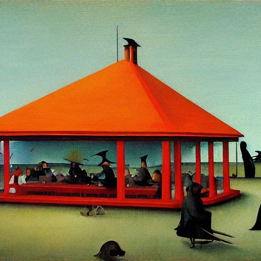 Prompt: oil painting by hieronymous bosch of edward hopper's nighthawks.