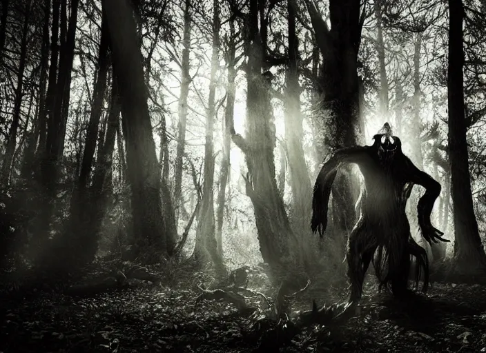 Prompt: an incredibly scary and very very unique monster creature with animal, human and tree characteristics, ancient folk legend in the forest, extremely creative, detailed, gloomy, dramatic evening light, lens flare, 1 8 mm lens, digital medium format professional photography