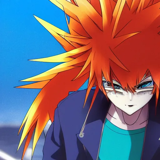 Image similar to orange - haired anime boy, 1 7 - year - old anime boy with wild spiky hair, wearing blue jacket, running past colorful building, red - yellow - blue colored building, turquoise aquamarine windows, strong lighting, strong shadows, vivid hues, ultra - realistic, sharp details, subsurface scattering, intricate details, hd anime, 2 0 1 9 anime