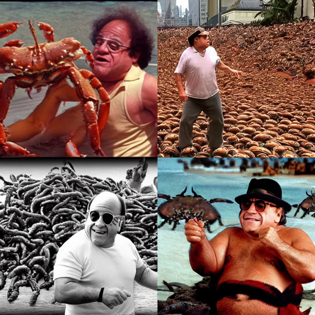 Prompt: Danny Devito fighting an army of crabs