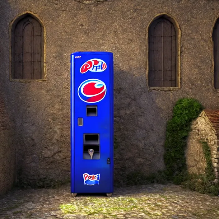 Image similar to pepsi vending machine outside a medieval house in a fantasy village. extremely high details, realistic, fantasy art, cinematic, octane render, volumetric lighting, depth of field, bokeh, masterpiece, artstation contest winner, art by johannen voss, frank frazetta