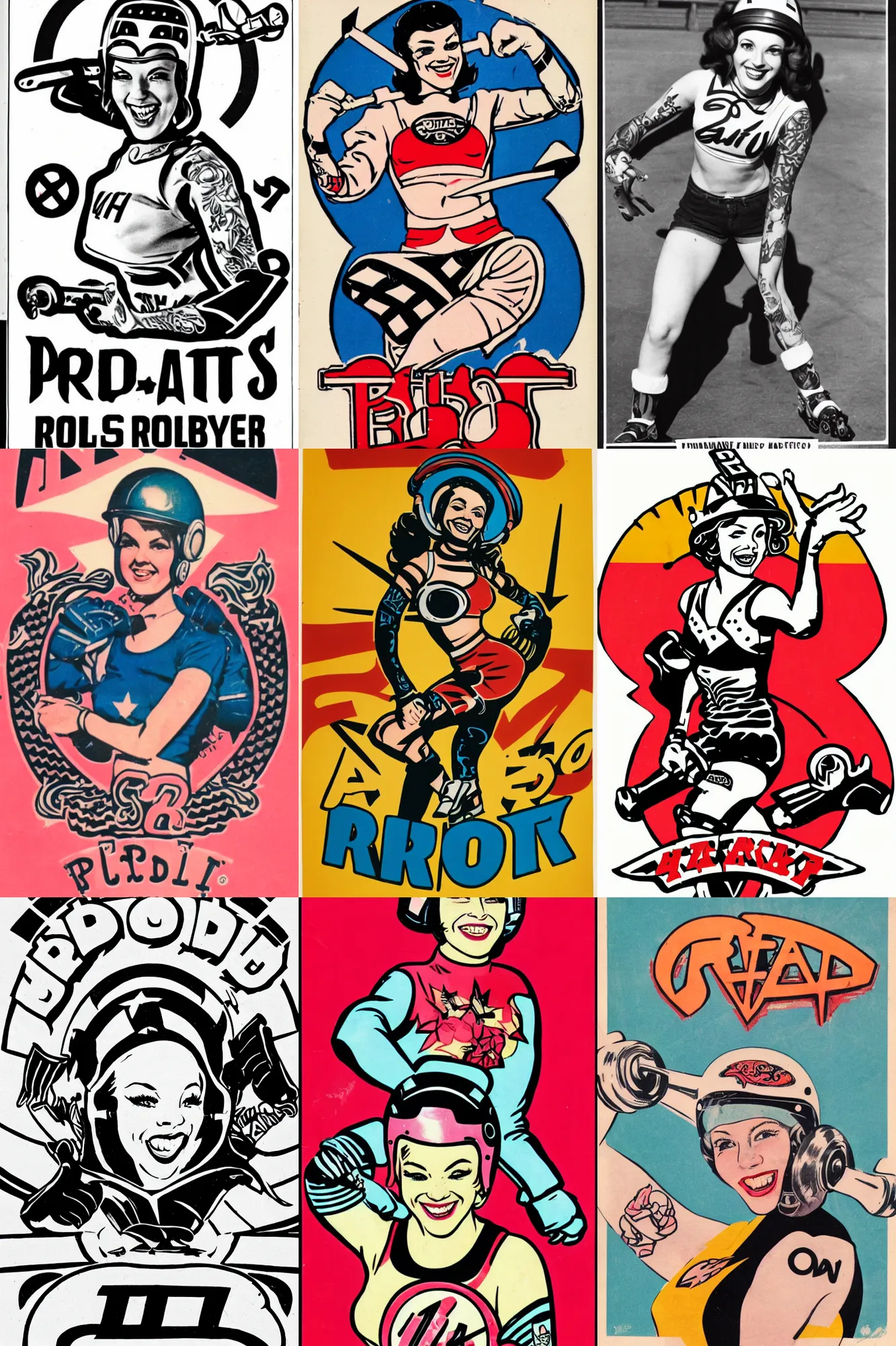 Prompt: propaganda logo, pretty roller derby girl, wearing roller derby helmet, tattoos, smile 1960s