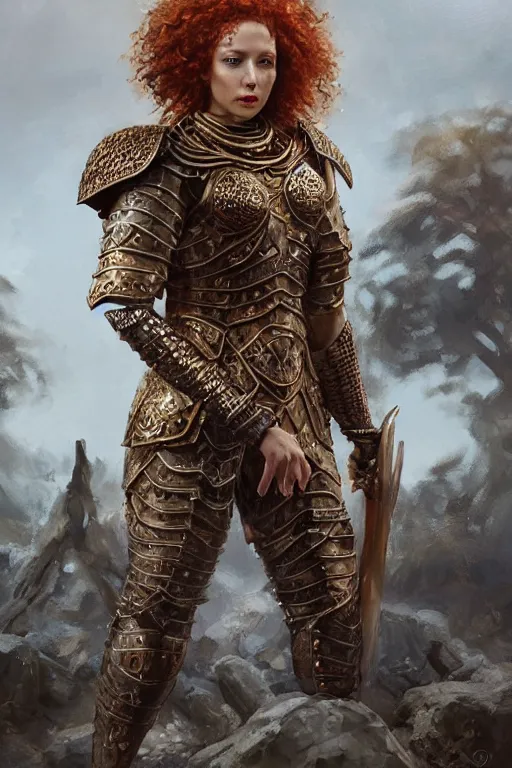 Prompt: full body portrait of a rugged female warrior short length red curly hair and a very highly detailed face wearing elegant obsidian, sliver and gold plate mail armor intricately painted, holding a circular shield and an ancient long sword, very highly detailed, artstation, cgsociety, realistic character concept art, sharp focus, by greg rutkowski, artgerm, and alphonse mucha