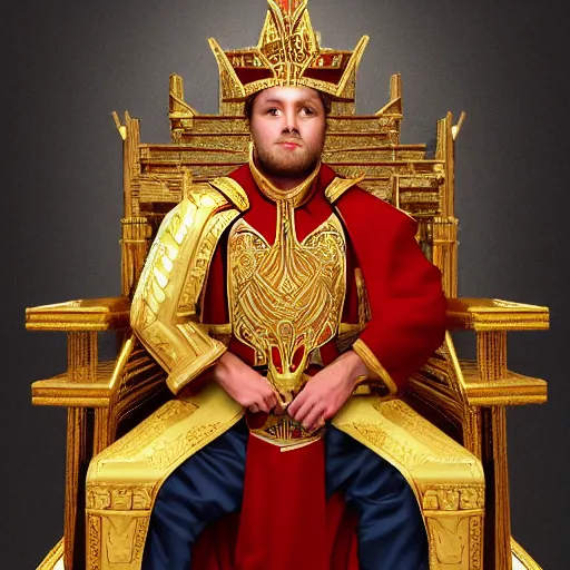 Image similar to modern self portrait of man sitting on throne, legs crossed, while holding a sword, white man, hispanic, brown hair, light skin, golden throne, red robes, 8 k, hi - rez, circles, lamented, clear, brown eyes, colored, sharp, realistic, 3 d