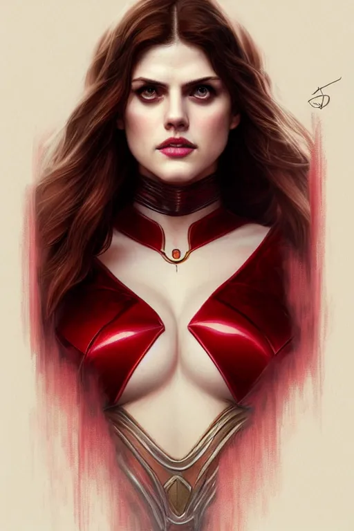 Image similar to alexandra daddario as scarlett witch, realistic portrait, symmetrical, highly detailed, digital painting, artstation, concept art, smooth, sharp focus, illustration, cinematic lighting, art by artgerm and greg rutkowski and alphonse mucha