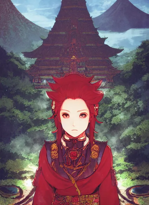 Image similar to character portrait of the ruby herald at the volcano temple, hidari, color page, tankoban, 4K, tone mapping, Akihiko Yoshida.