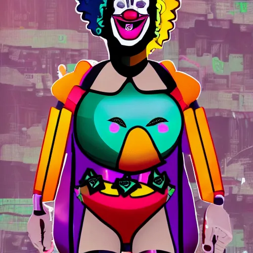 Prompt: cyberpunk agender clown with smiling clown emojis covering their chest fat