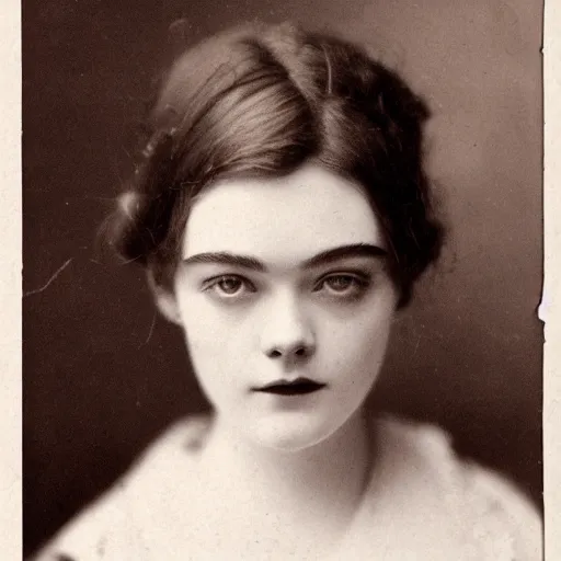 Prompt: headshot edwardian photograph of elle fanning, middle - aged, realistic face, trending on artstation, 1 9 1 0 s, 1 9 0 0 s, 1 9 2 0 s, grainy, victorian, detailed, slightly blurry