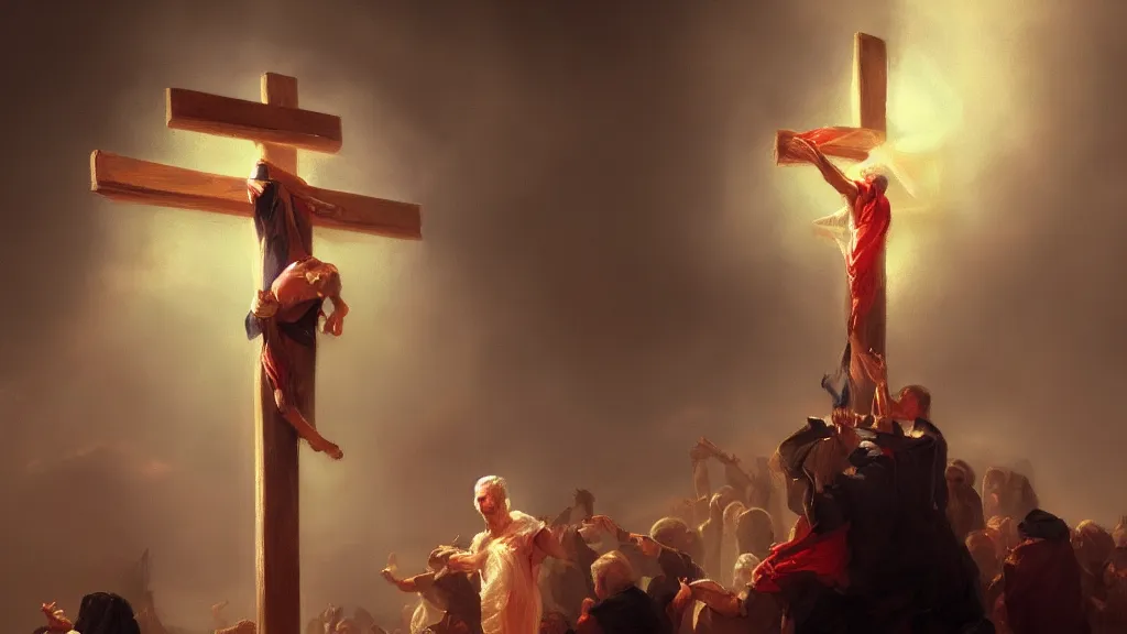 Prompt: Donald Trump nailed to a cross painted by Thomas Cole with dramatic lighting, concept art, matte painting, 8k, highly detailed, artstation