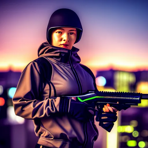 Image similar to photographic portrait of a techwear woman holding a shotgun, closeup, on the rooftop of a futuristic city at night, sigma 85mm f/1.4, 4k, depth of field, high resolution, 4k, 8k, hd, full color