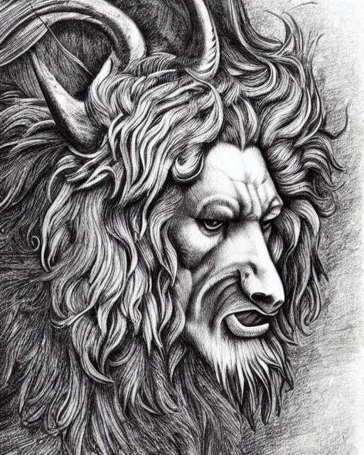 Image similar to human / eagle / lion / ox hybrid. horns, beak, mane. drawn by da vinci