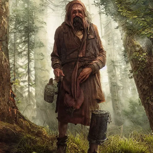 Image similar to realistic a human hobo druid with nature magic around, fantasy book, d & d, high detail, 8 k, octane render painting, dark fantasy