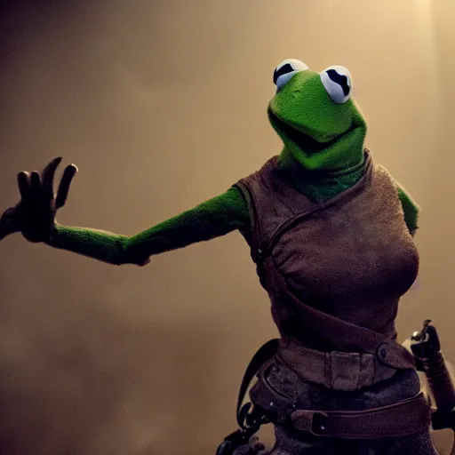 Image similar to action shot of kermit the frog as furiosa in mad max, dramatic light, god rays, very detailed