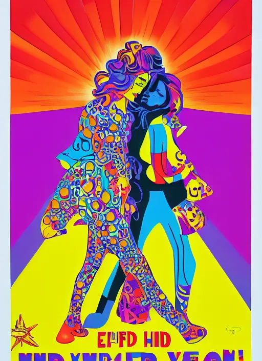 Image similar to a 6 0's style poster, hippie art in peter max colors by alex gray and karl ferris