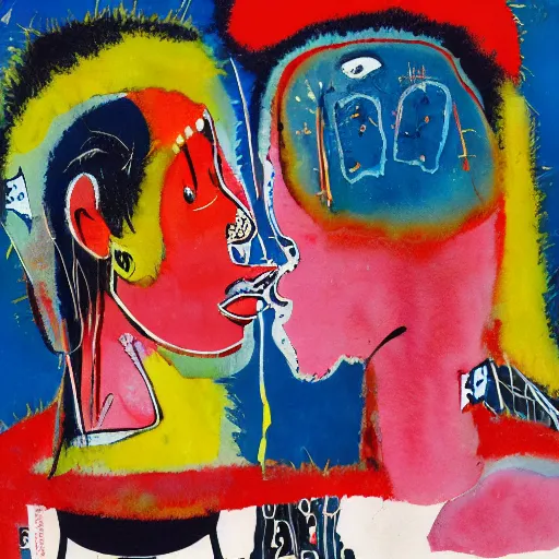 Image similar to watercolor painting of a closeup of two bizarre psychedelic women kissing in japan in winter, speculative evolution, mixed media collage by basquiat and jackson pollock, maximalist magazine collage art, sapphic art, psychedelic illustration