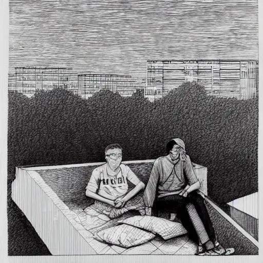 Image similar to art of two singaporean students sitting on the roof of a hdb flat, by moebius