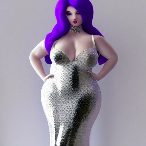 Image similar to curvy feminine hot goth cutie in a sublime elegant polished sequined white latex neck-high or tube-top floor length gown with purple accents, thin waist, cgsociety, photorealistic, comfy ambience, idealistic, 16k, smooth, sharp focus, trending on ArtStation, volumetric lighting, fully clothed, worksafe