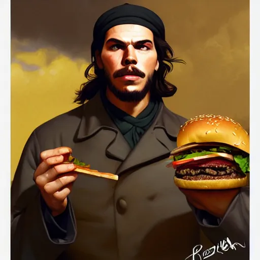 Image similar to portrait of che guevara eating hamburgers, extra onions and ketchup, luscious patty with sesame seeds, feminine ethereal, handsome, d & d, fantasy, intricate, elegant, highly detailed, digital painting, artstation, concept art, matte, sharp focus, illustration, art by artgerm and greg rutkowski and alphonse mucha