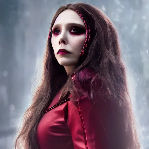 Image similar to Elizabeth Olsen as the Scarlet Witch in gothic attire and gothic makeup, trending on artstation, gloomy atmosphere, photorealistic facial features, 4k, 8k