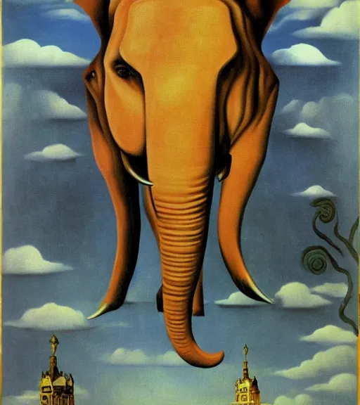 Prompt: slavic pagan elephant god by combined styles of rene magritte and salvadore dali