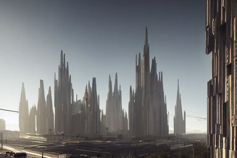 Image similar to streetscape, a towering cathedral of brutalist architecture, buildings covered with greebles, stunning volumetric light, sunset, metal, concrete and translucent material, stunning skies, majestic landscape, trending on Artstation, 8k, photorealistic, hyper detailed, unreal engine 5, IMAX quality, cinematic, epic lighting, in the style of Greg Rutkowski