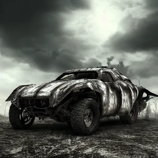 Image similar to ultra realist 3d soft paint of a gothic four wheel vehicle fully armored, MadMax, action sequence, symmetry accurate features, very intricate details, ominous sky, black and white, volumetric light clouds, post apocalyptic background