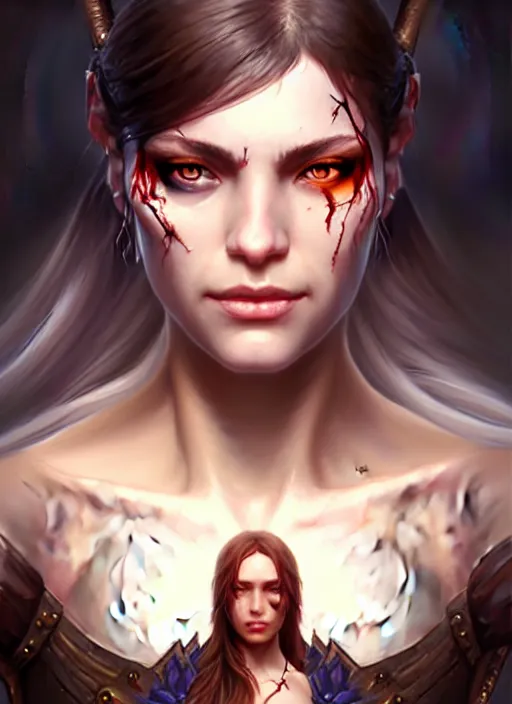 Image similar to a _ fantasy _ style _ portrait _ painting _ of female with scar under left eye, holy oil _ painting _ unreal _ 5 _ daz. _ rpg _ portrait _ extremely _ detailed _ artgerm _ greg _ rutkowski _ greg