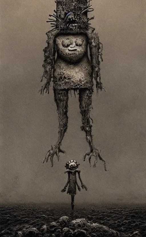 Image similar to spongebob squarepants in style of zdzisław beksinski, standing in wasteland, horror art, creepy, desolate, spongebob, spongebob, spongebob, spongebob