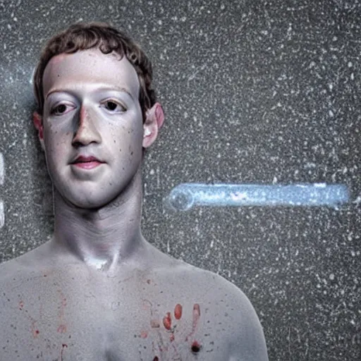 Image similar to a leaking white fluid Mark Zuckerberg cyborg head on the floor. Nostromo Alien movie.