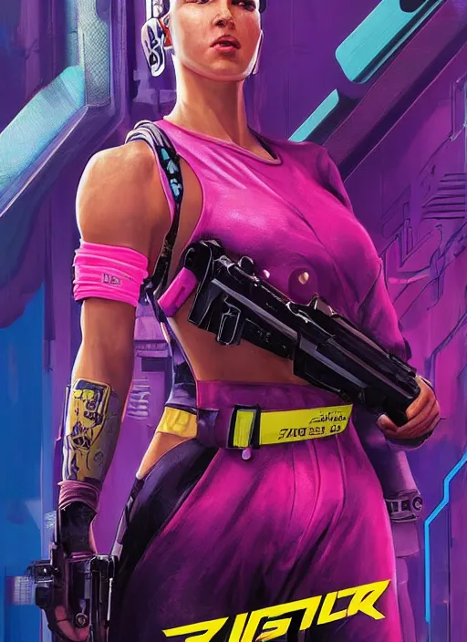 Image similar to beautiful cyberpunk female athlete wearing pink jumpsuit and firing a futuristic yellow belt fed automatic pistol. ad poster for pistol. cyberpunk poster by james gurney, azamat khairov, and alphonso mucha. artstationhq. gorgeous face. painting with vivid color, cell shading. ( rb 6 s, cyberpunk 2 0 7 7 )