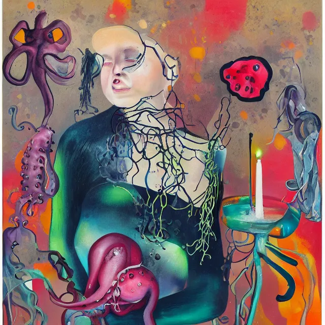 Image similar to portrait of a female art student falling asleep, scientific research, crashcart, x - ray, sensual, blossom, squashed berries dripping, octopus, candlelight, neo - impressionist, surrealism, acrylic and spray paint and oilstick on canvas