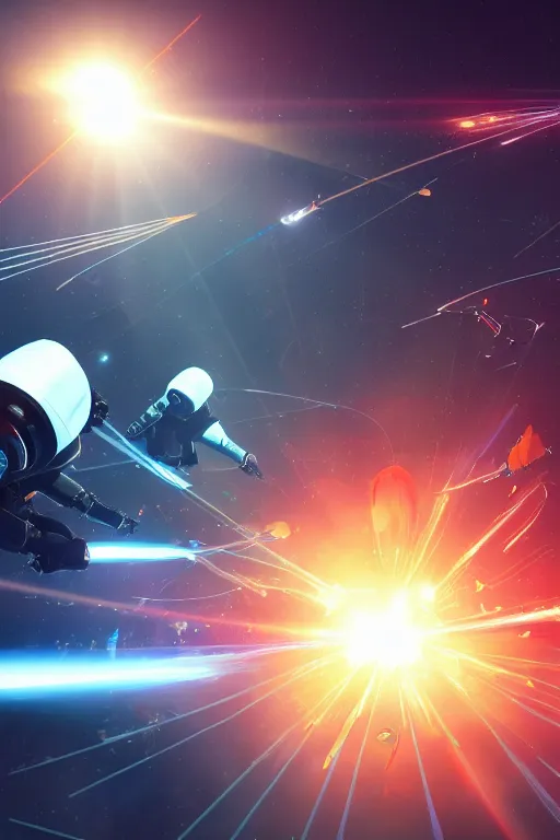 Image similar to wide view of futuristic spacemen firing lasers in zero gravity, floating, in the sky, bright white light, hiding behind obstacles, surrounded by a square laser grid, unreal engine, lensflares, low perspective, fish eye