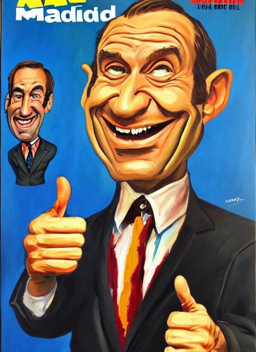 Prompt: mad magazine cover, norman mingo painting, saul goodman smiling, thumbs up, exaggerated proportions, caricature, painterly, visible brush strokes, vintage