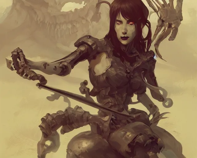 Image similar to young woman fighting a skeleton elegant, sharp focus, illustration, highly detailed, concept art, matte, trending on artstation, anime, art by james jean and artgerm and brian despain and alberto mielgo, greg rutkowski, wlop, ilya kuvshinov, strong strokes