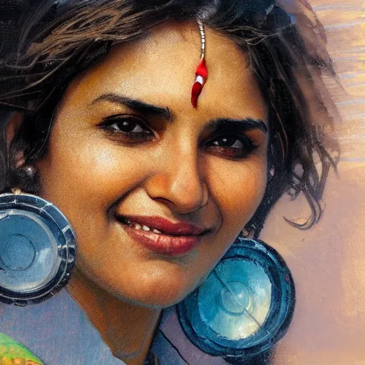 Image similar to close up a beautiful Indian doctor wearing jeans and a shirt in Texas in 2022, sun shining, photo realistic illustration by greg rutkowski, thomas kindkade, alphonse mucha, loish, norman rockwell.