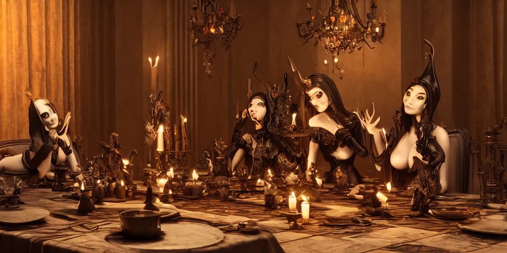 Image similar to dark witches sitting at a table doing a ritual. Ornate details, award winning. Octane render, 4k, 8k, unreal 5, very detailed, hyper control-realism, trending on artstation.”