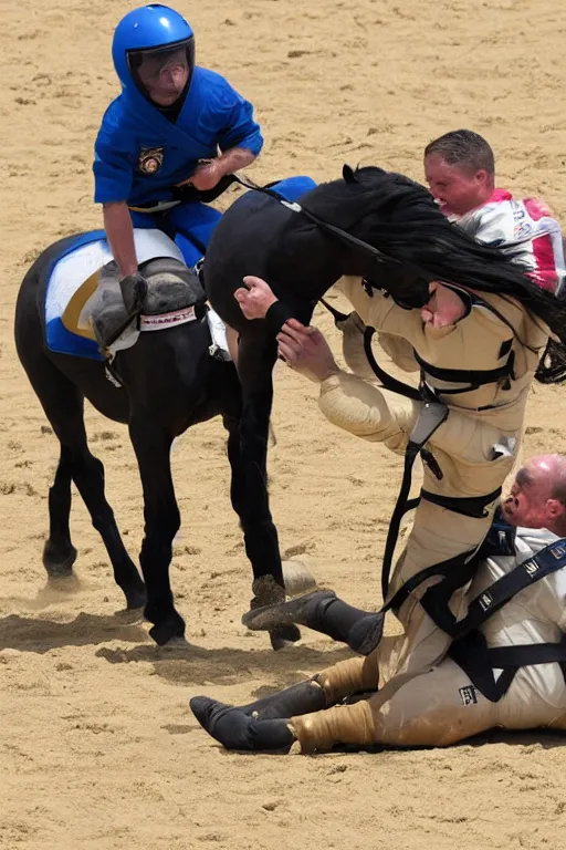 Image similar to horse wrestles astronaut pilot spaceman on all fours on hands and knees in grappling in closed guard on mount position