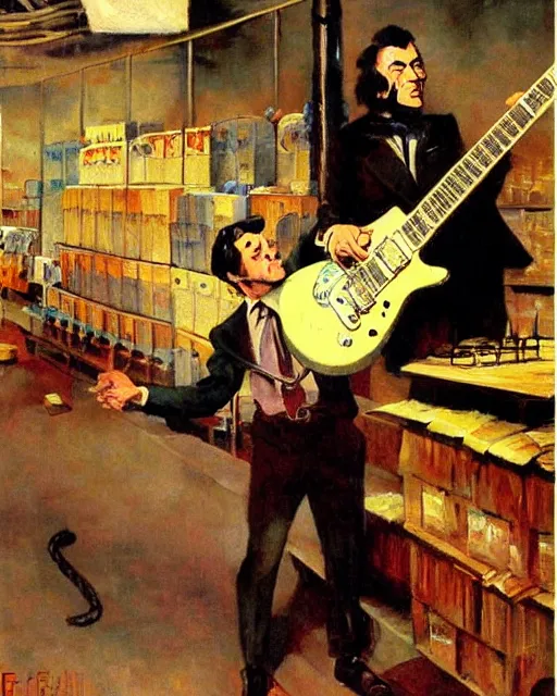 Prompt: Snake Oil salesman shredding on a Gibson Les Paul in a snake oil warehouse, painting by Frank Frazetta