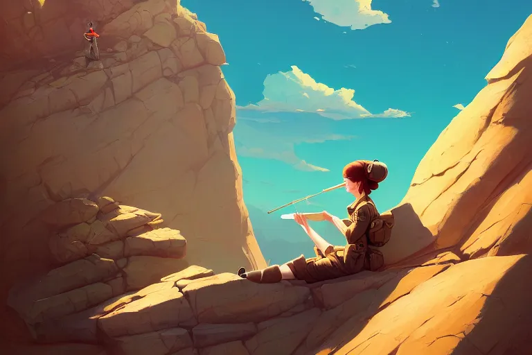 Image similar to a painting of a military woman sitting on a cliff, smoking a cigarette, a character portrait by rhads, makoto shinkai and lois van baarle, ilya kuvshinov, rossdraws global illumination and tom bagshaw, cg society, fantastic realism, intricate, detailed