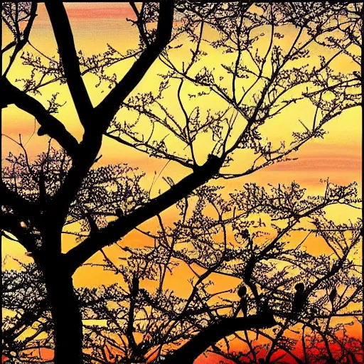 Image similar to birds on cherry tree, Changelingcore, serene, graceful, sunset photo at golden hour, Kodachrome, digital painting