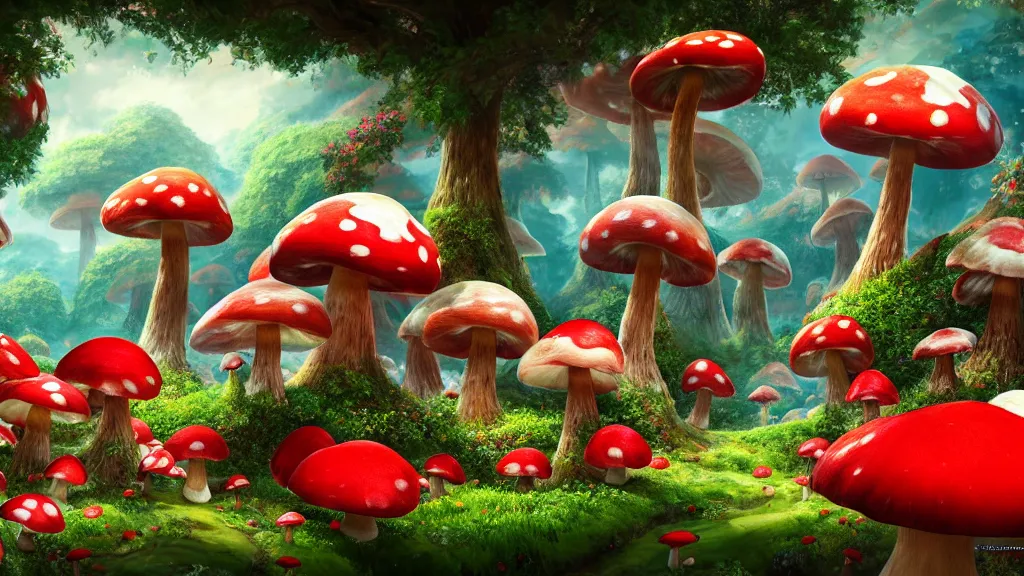 Image similar to archipelago in the mushroom kingdom, red and white spotted giant mushrooms, exotic flora, giant roses, thousands of flowers, fantasy artwork, very very very beautiful scenery, hd, hdr, ue 5, ue 6, unreal engine 5, cinematic 4 k wallpaper, 8 k, ultra detailed, high resolution, artstation, award winning